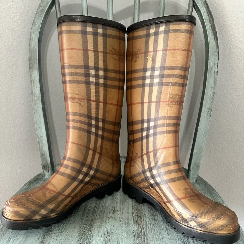 Burberry Tan Plaid Nova Rain Boots Size 37 - Picture 5 of 8